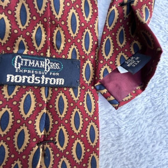 Gitman Bros Nordstrom Mens Silk Pointed Tie Red/Blue Geometric Pattern USA Made - Picture 3 of 5